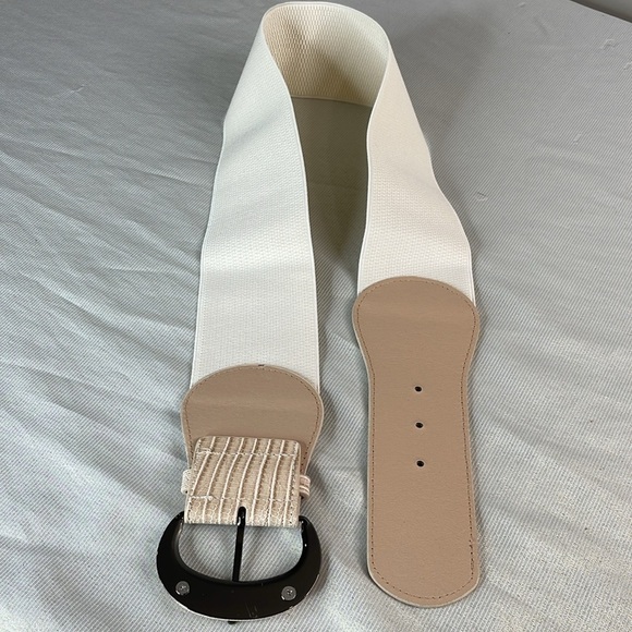 Vintage Vibe Wide Stretchy Snakeprint Cream Tan Belt Pewter Look L - Picture 4 of 8